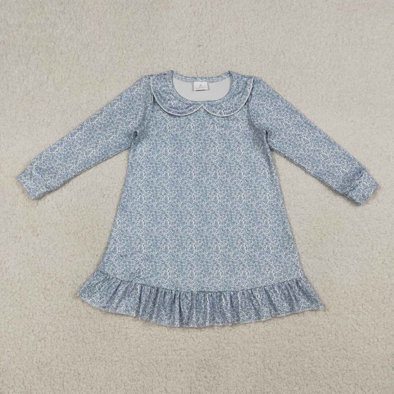 GLD1424 Baby Girls Blye Floral Long Sleeve Dress with Ruffle