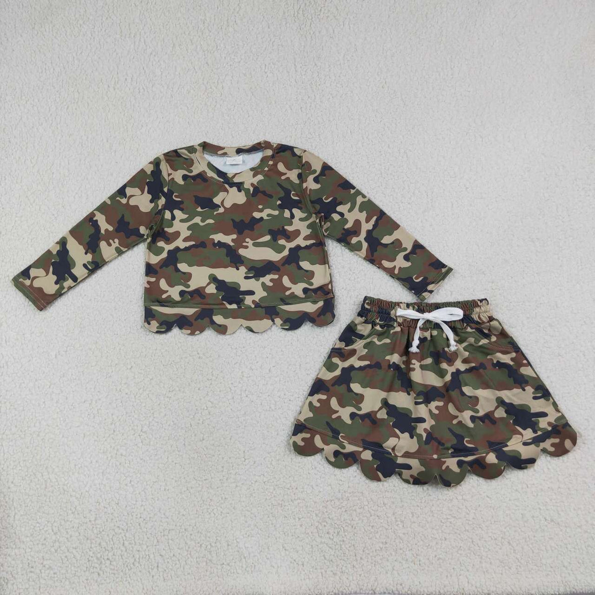 GLD1620 Brwon Green Black Camo Long Sleeve Top Skort Girls Scallop Clothes Set