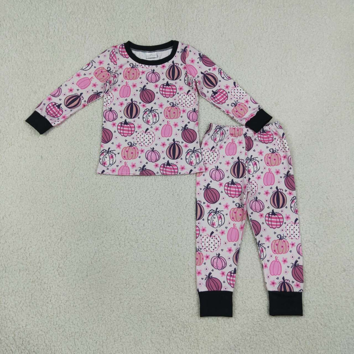 GLP3357 Pumpkin Flowers Pink Print Girls Fall Pajamas Clothes Set