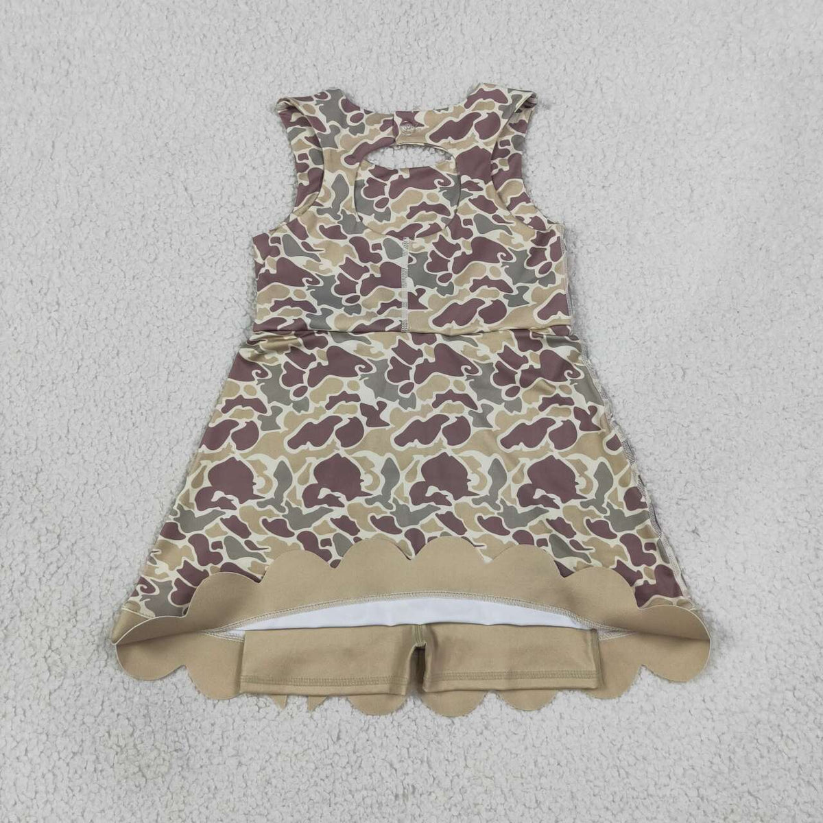 Green Camo Girls Sleeveless Scallop Bows Yoga Dress
