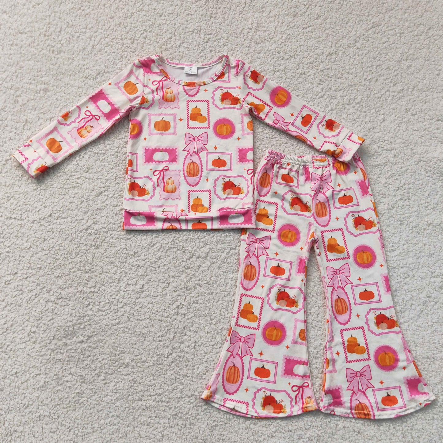 Pumpkin Bows Pink Print Bell Pants Girls Fall Clothes Set
