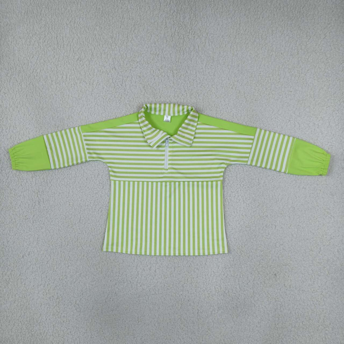 Green Stripes Print Girls Long Sleeve Zipper Pullover Yoga Top