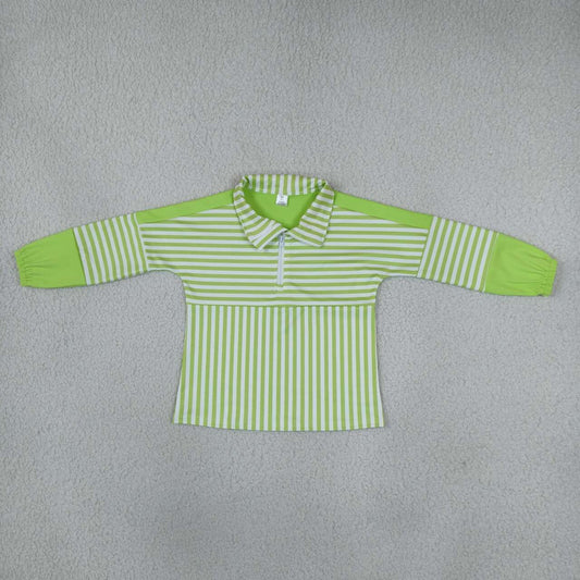 Green Stripes Print Girls Long Sleeve Zipper Pullover Yoga Top