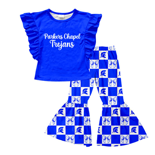 (Custom Design Preorder MOQ 5) Teams Parkers Chapel Trojans Blue Top Plaid Bows Bell Pants Girls Clothes Set