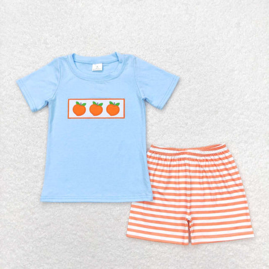 BSSO0417 Peach Embroidery Blue Top Orange Stripes Shorts Boys Summer Clothes Set