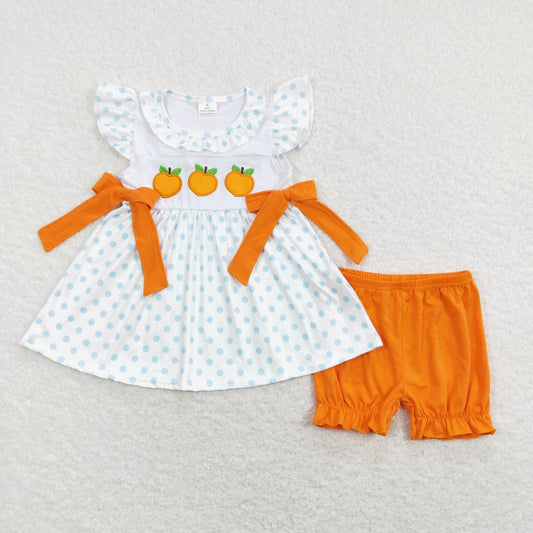 GSSO0451 Peach Embroidery Dots Tunic Top Orange Shorts Girls Summer Clothes Set