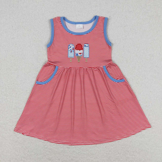 GSD0821 Popsicle Embroidery Stripes Pockets Baby Girls 4th of July Sleeveless Dress