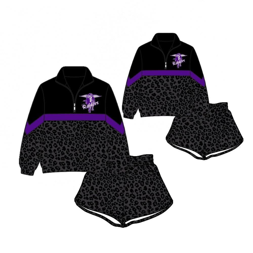 (Custom Design Preorder MOQ 5) Teams Purple Raiders Long Sleeve Zipper Top Black Leopard Shorts Mommy and Me Outfits