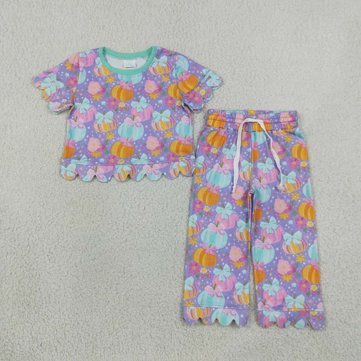 Pumpkin Flowers Bows Print Girls Fall Scallop Edge Clothes Set