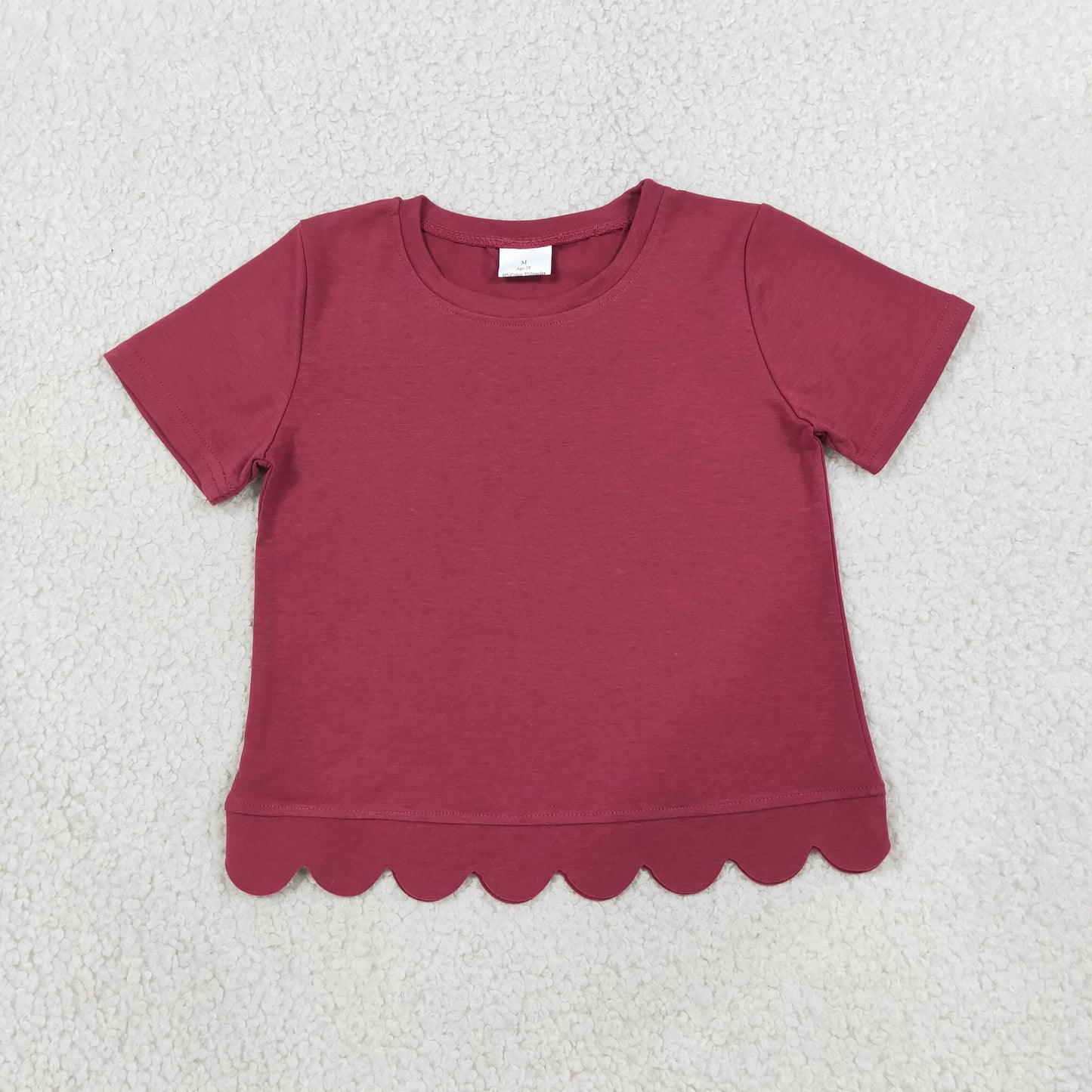 GT1771 Burgundy Cotton Girls Scallop Edge Short Sleeve T-shirts Top