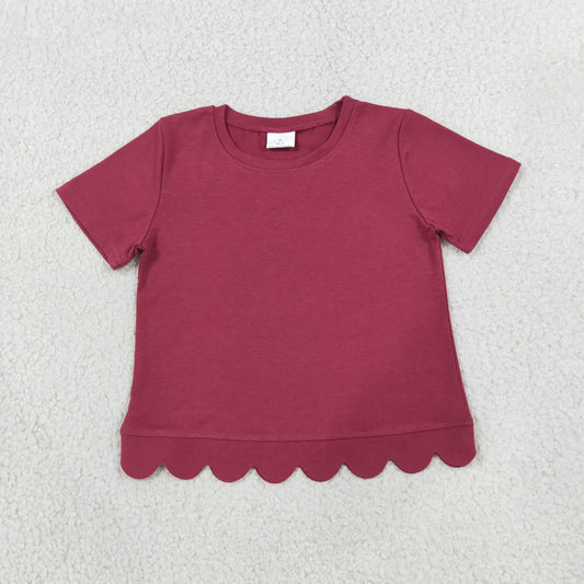 GT1771 Burgundy Cotton Girls Scallop Edge Short Sleeve T-shirts Top