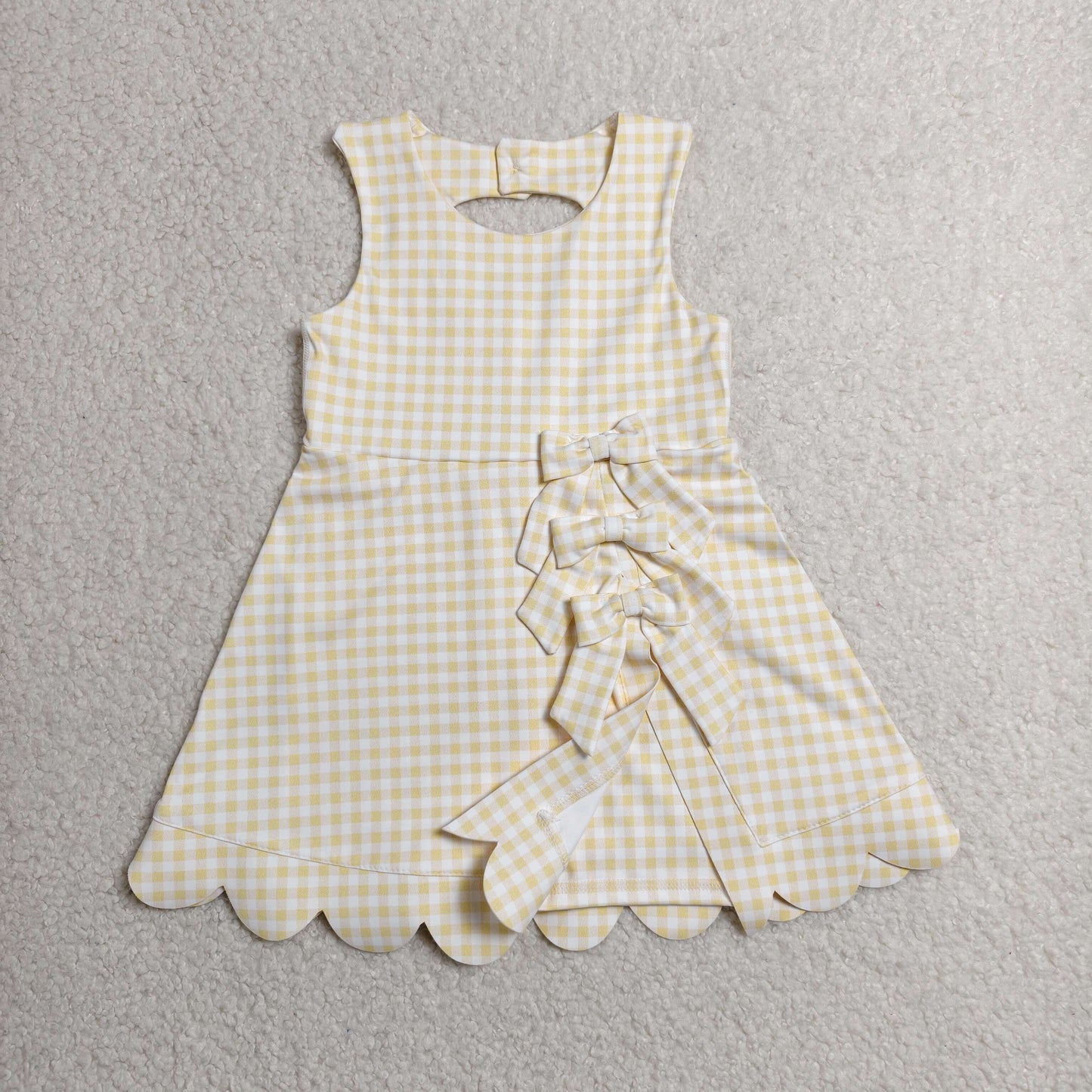 GSD3027 Yellow Gingham Girls Summer Bows Scallop Knee Length Yoga Dress