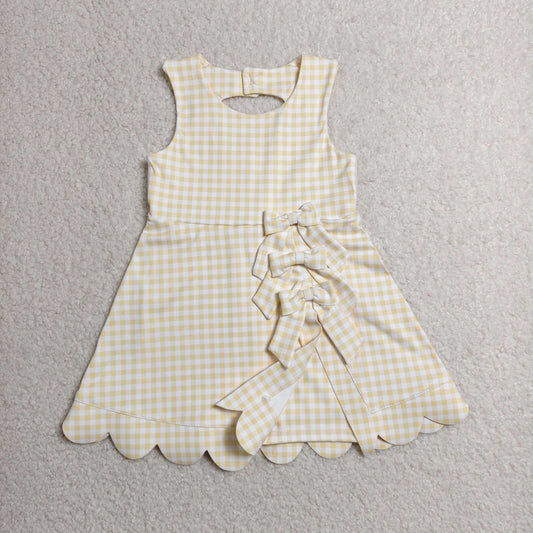 GSD3027 Yellow Gingham Girls Summer Bows Scallop Knee Length Yoga Dress