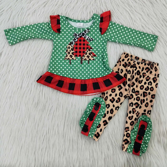 (Promotion) 6 B8-17 Tree Green Dots Top Leopard Pants Girls Christmas Clothes Sets
