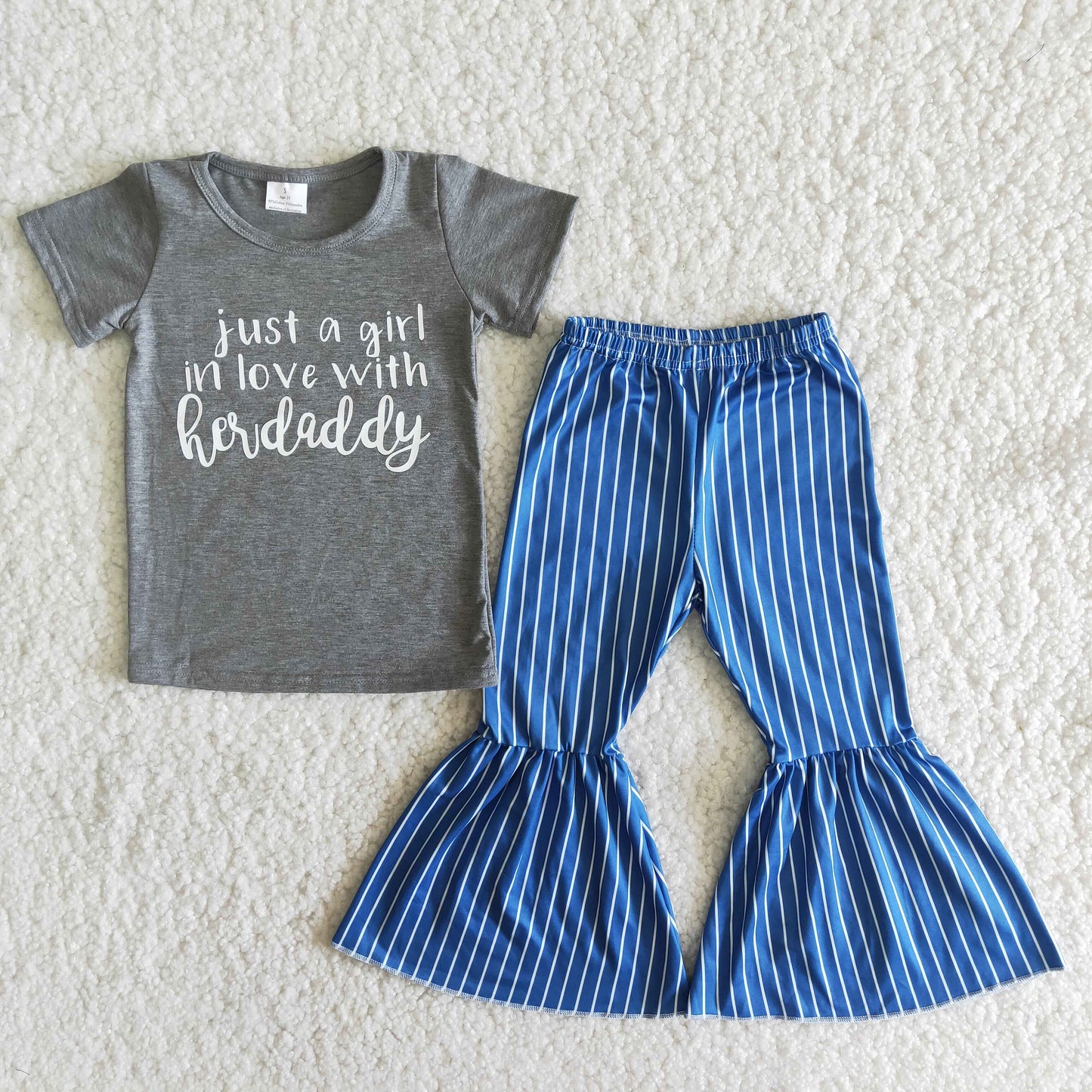 (Promotion)B8-3 just a girl Grey Top Blue Stripes Bell Pants Girls Clothes Set