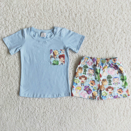Blue Pocket Top Cartoon Toy Shorts Boys summer outfits  C14-24