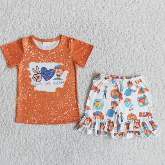 (Promotion) Cartoon Teacher Glasses Orange Top Ruffles Shorts Girls summer outfits  C15-25