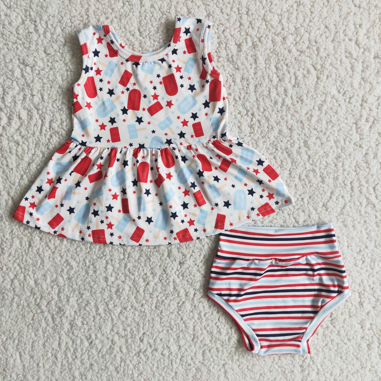 (Promotion)E3-15 Popsicle Stars Top Stripes Shorts Baby Girls 4th of July Bummie Set