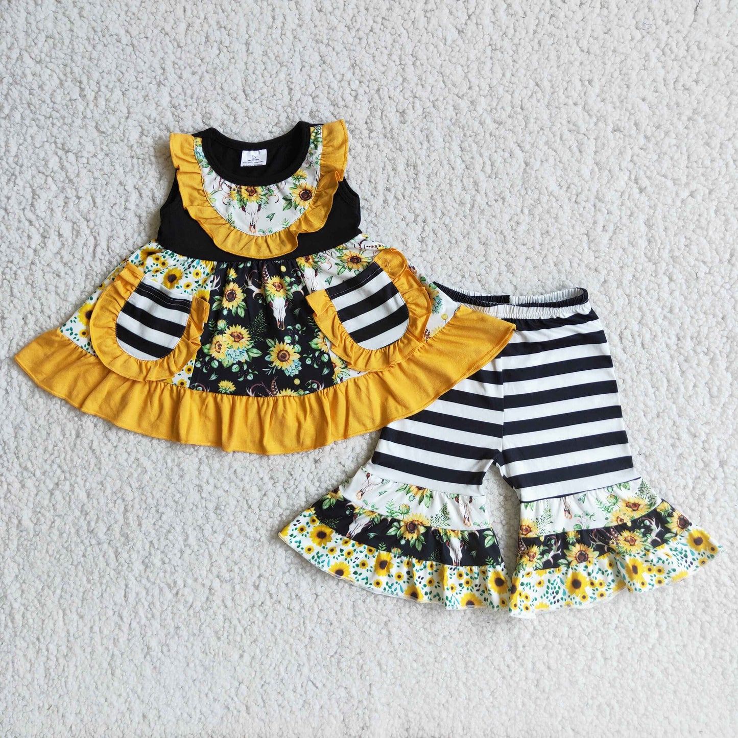 Sunflowers Sleeveless Pockets Tunic Top Girls Capris Outfits     A6-15