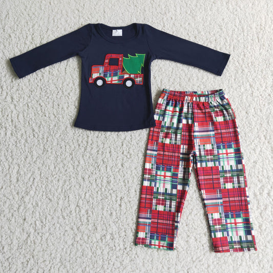 6 A16-15 Truck Tree Embroidery Navy Top Checkered Pants Boys Christmas Clothes Set