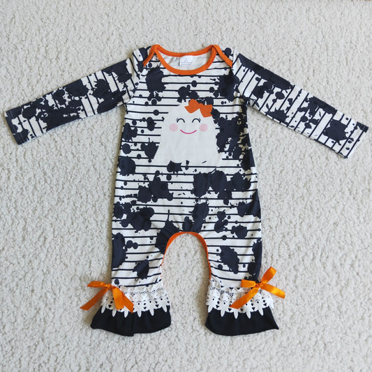 6 B1-31 Ghost Stripes Print Baby Girls Halloween Ruffle Romper