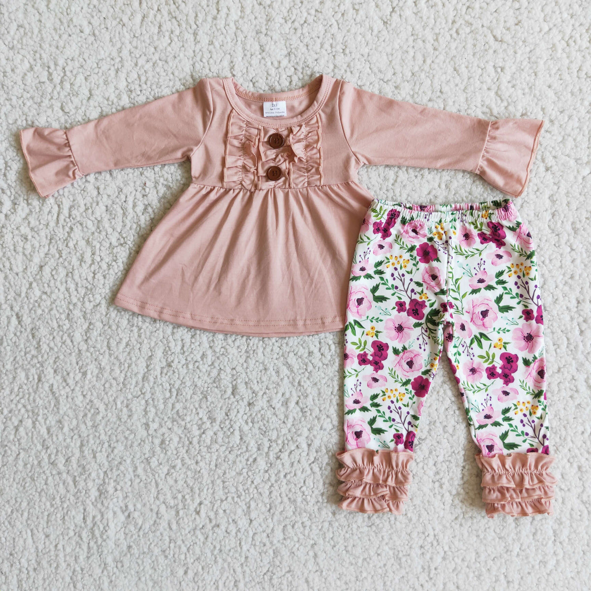 (Promotion)6 A4-13 Pink Ruffle Tunic Top Flowers Pants Girls Clothes Set