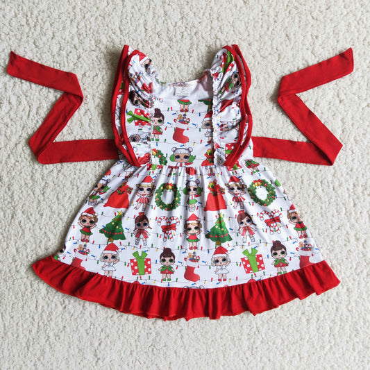 D1-1  Surprise Girl Holly Candy Print Girls Christmas Flutter Sleeve Knee Length Dress