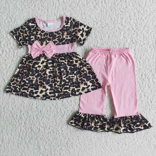 (Promotion)Short sleeve leopard print ruffle pink pants outfits E3-2