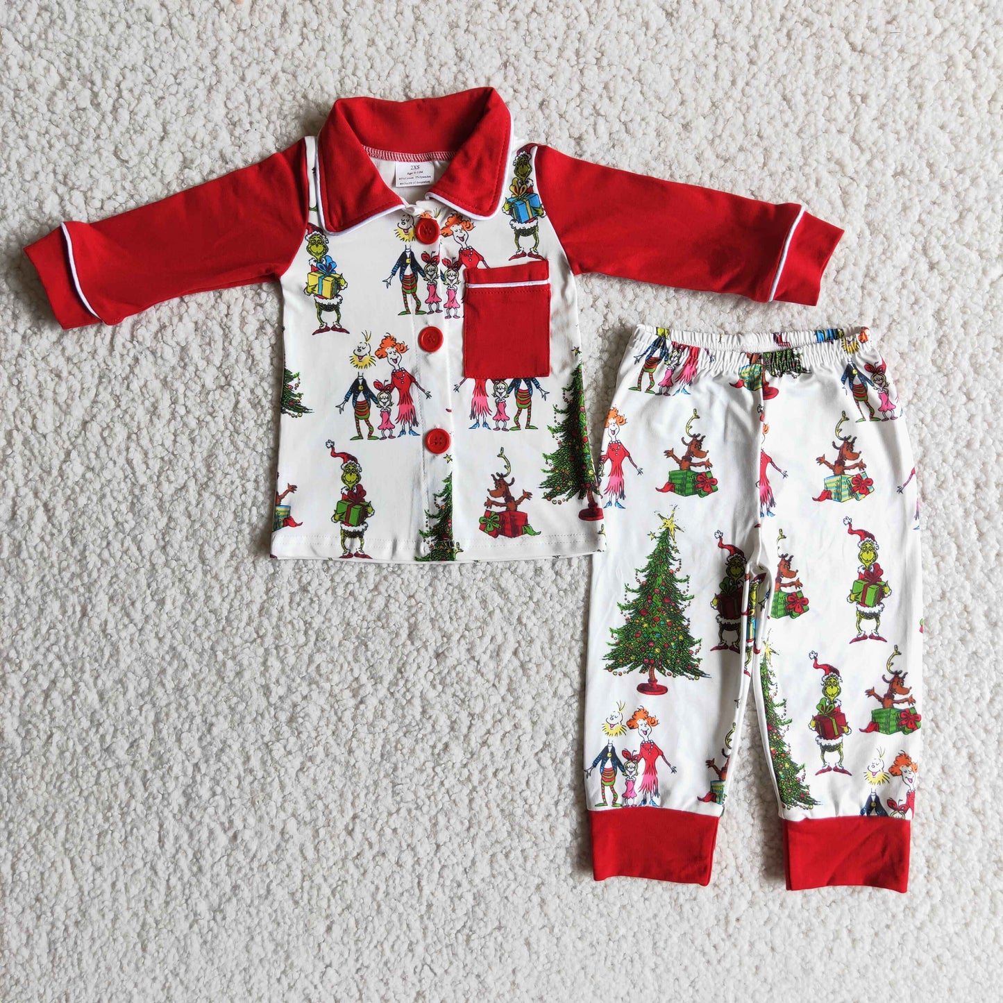 6 A14-15 Green Frog Print Kids Christmas Buttons Pajamas Clothes Set