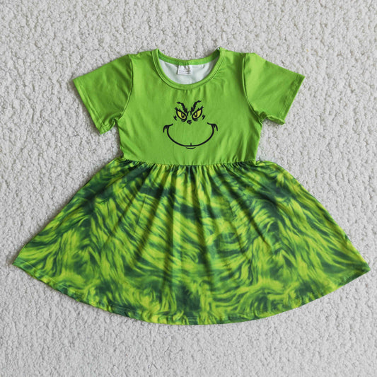 E3-3 Green Frog Smiling Camo Print Girls Christmas Knee Length Dress