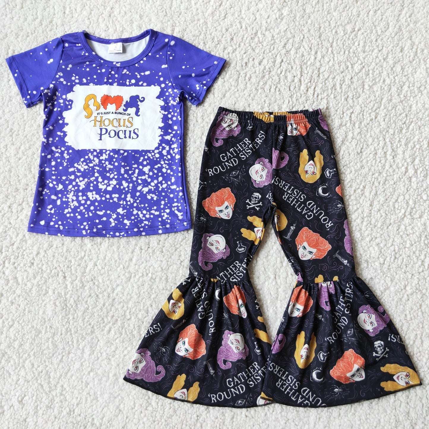 (Promotion) E3-17 Cartoon Witch Blue Top Bell Pants Girls Halloween Clothes Set