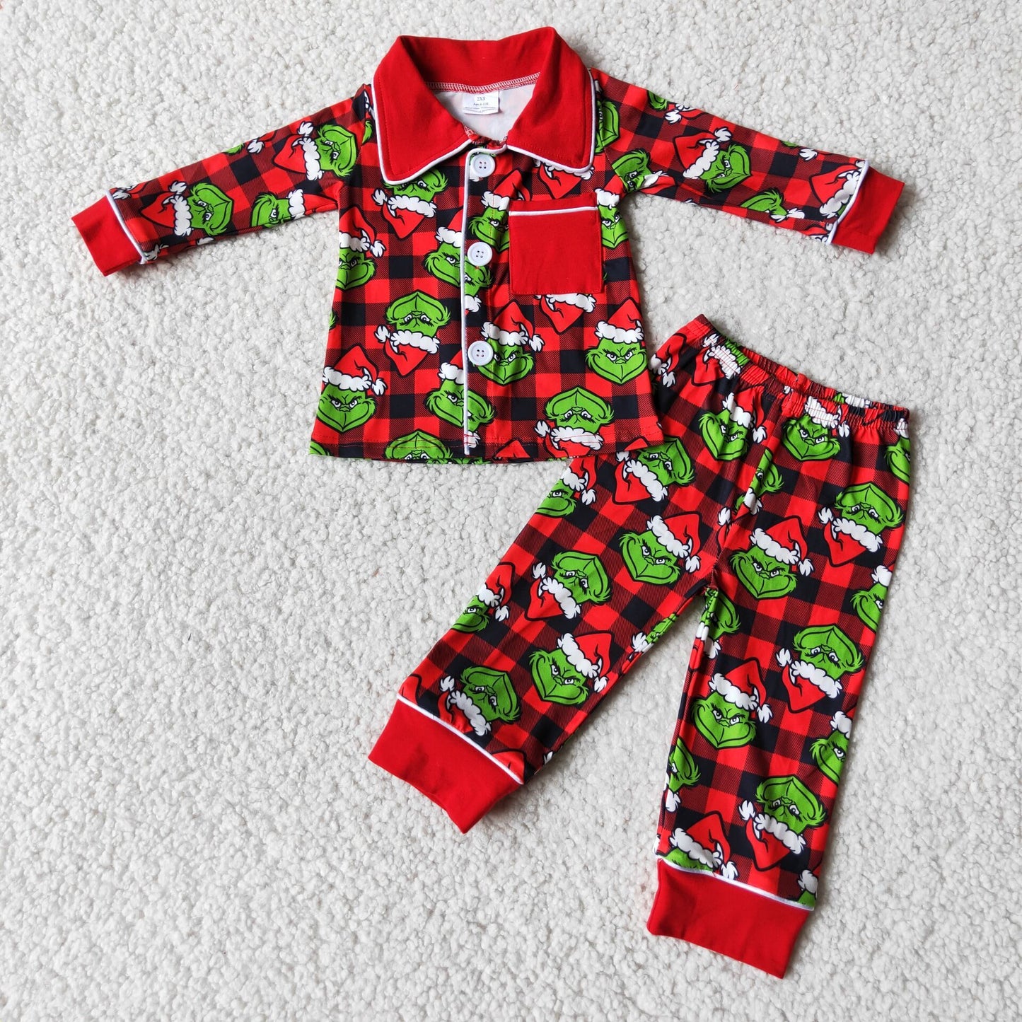 Green Frog Plaid Print Pocket Boys Buttons Christmas Pajamas Clothes Set  6 B1-25