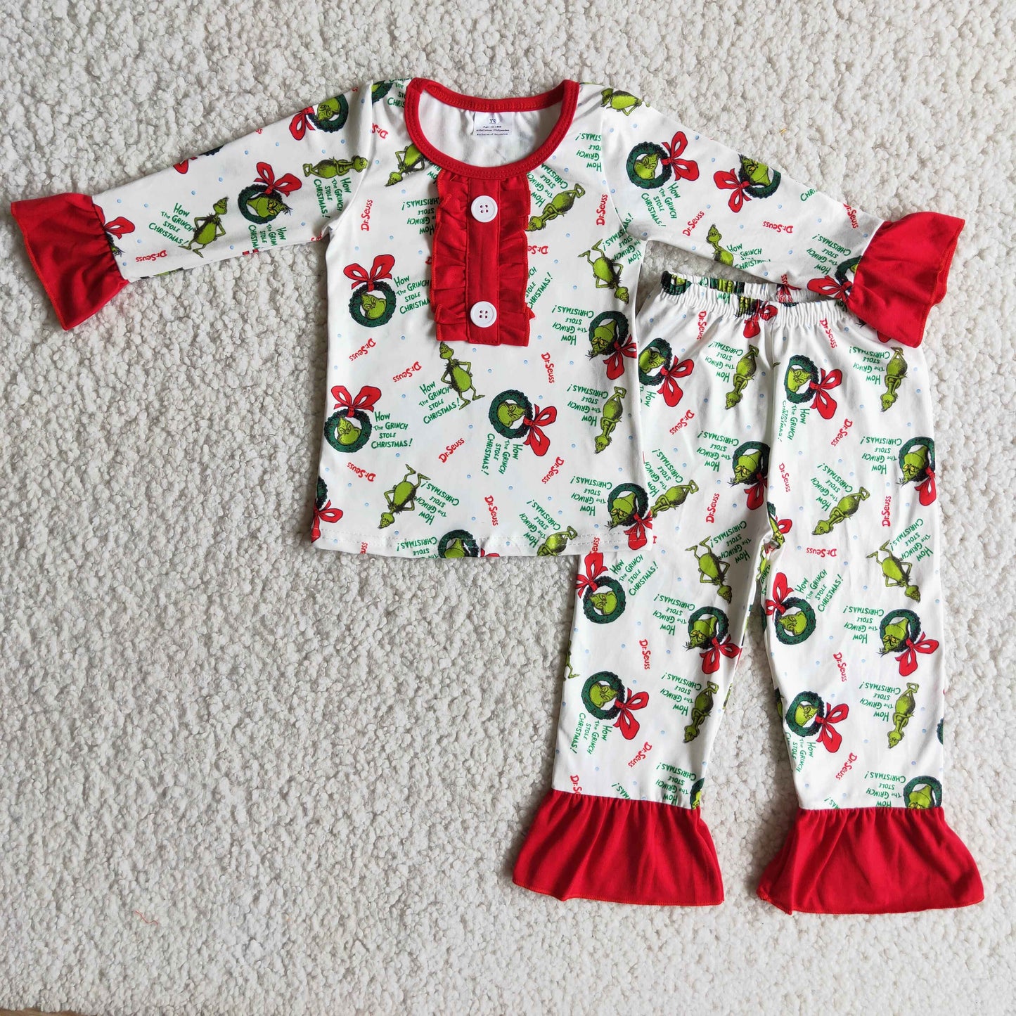 (Promotion)6 A20-3 Green Frog Bows Print Girls Christmas Pajamas Clothes Set