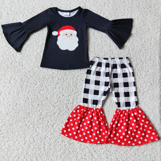 6 A8-14 Santa Black Top Checkered Bell Pants Girls Christmas Clothes Set