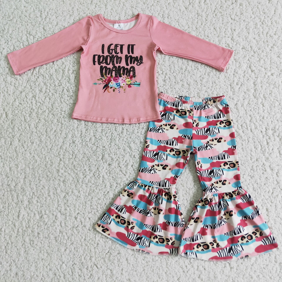 (Promotion) 6 C7-17 I GET IT FROM MY MAMA Flowers Pink Top Leopard Bell Pants Girls Clothes Set