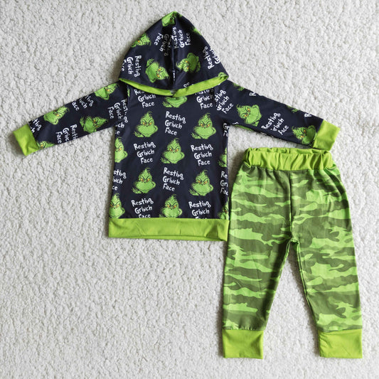 (Promotion)6 A6-26 Green Frog Hoodie Top Camo Pants Boys Christmas Clothes Set