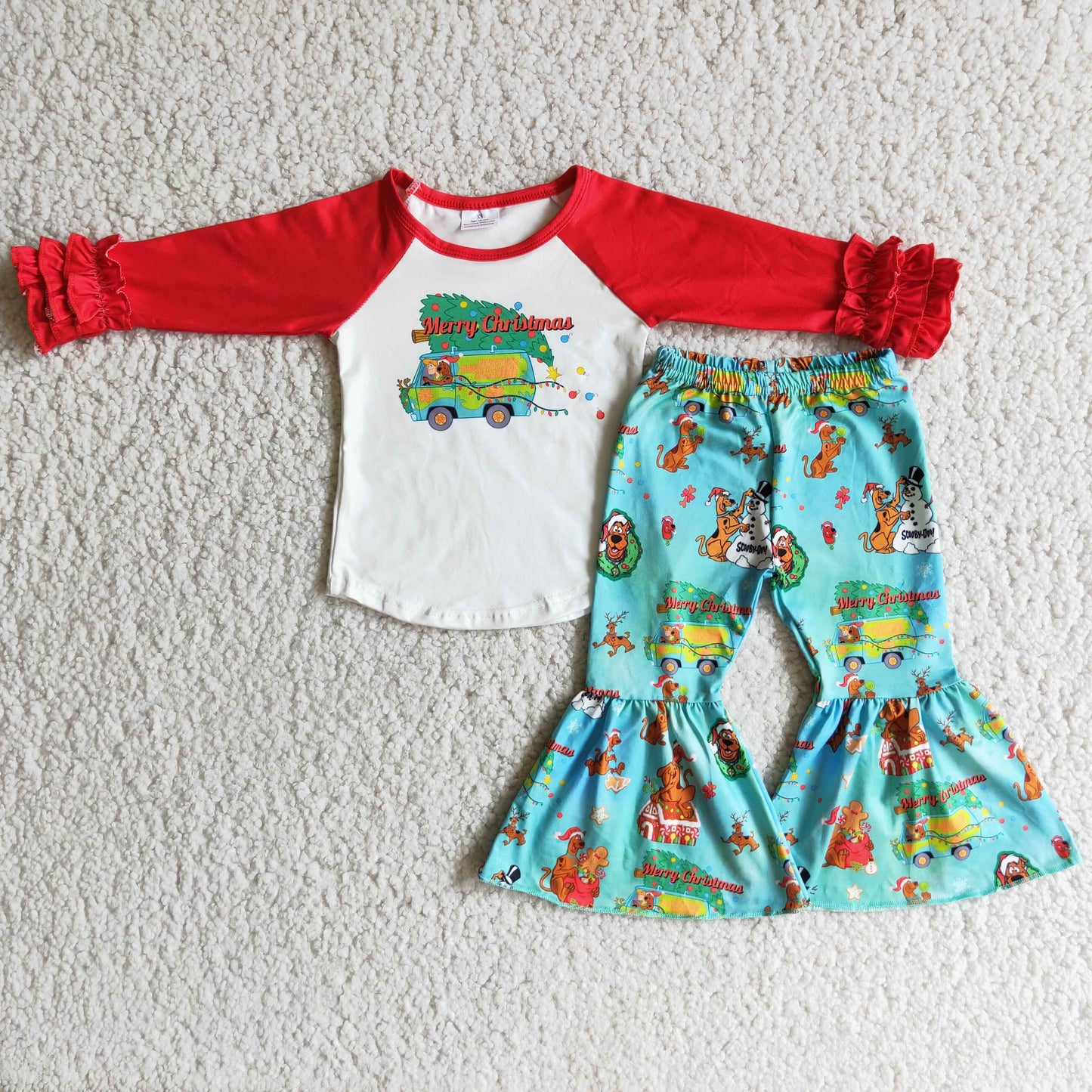 (Promotion)6 B7-4 Cartoon Dog Top Blue Bell Pants Girls Christmas Clothes Set