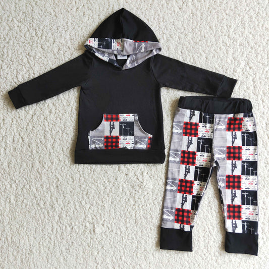 6 C8-18 Baby Boy 2 Piece Hoodie Set Black Lineman Pattern Long Sleeve Top Matching Jogger Pants