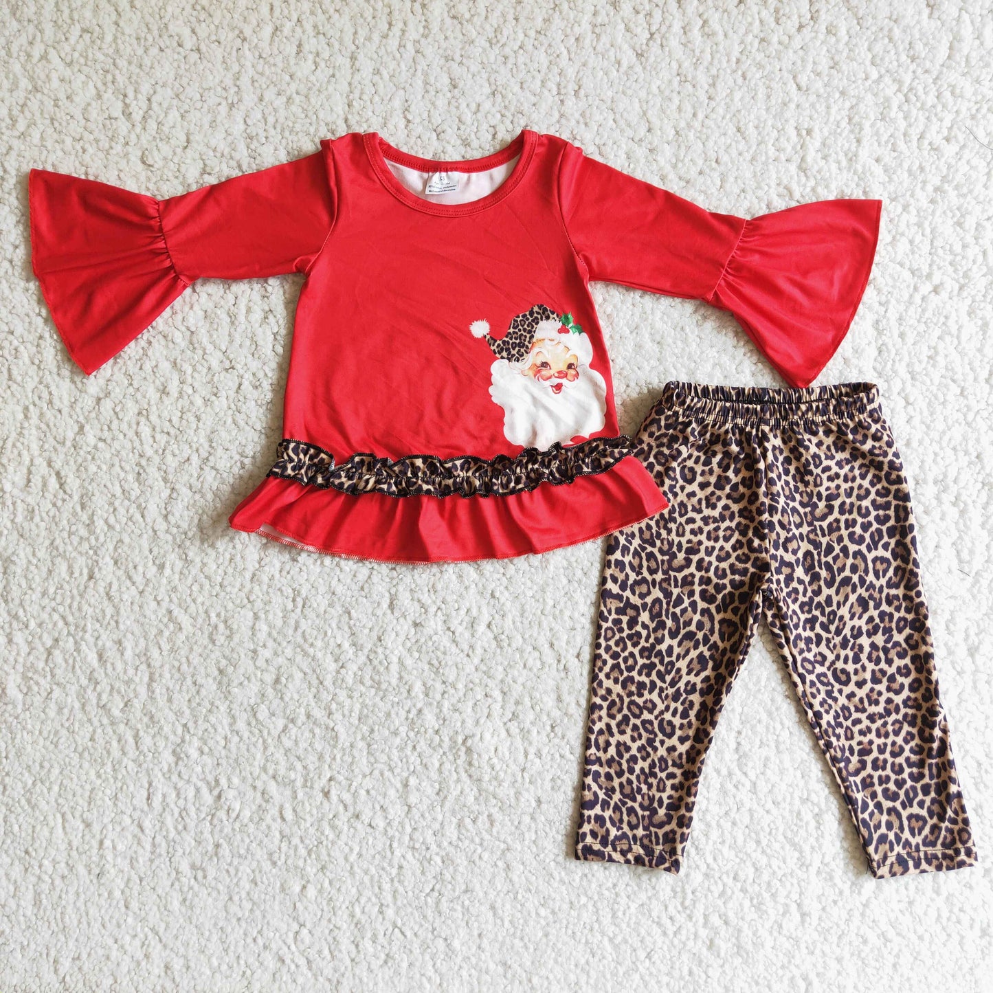 (Promotion) 6 B3-19 Santa Red Top Leopard Legging Pants Girls Christmas Clothes Set