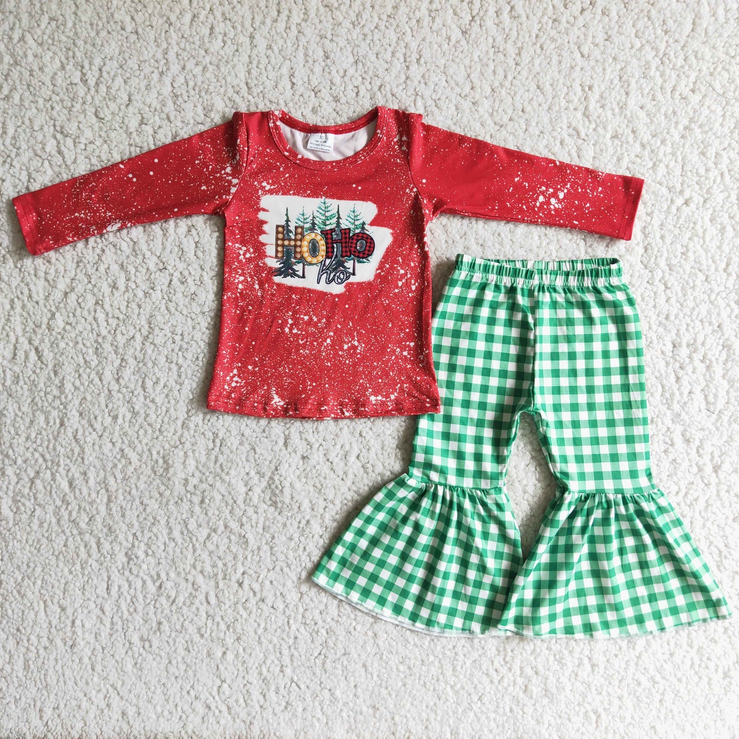 (Promotion) 6 C10-9 HO HO HO Tree Red Top Green Checkered Bell Pants Girls Christmas Clothes Set