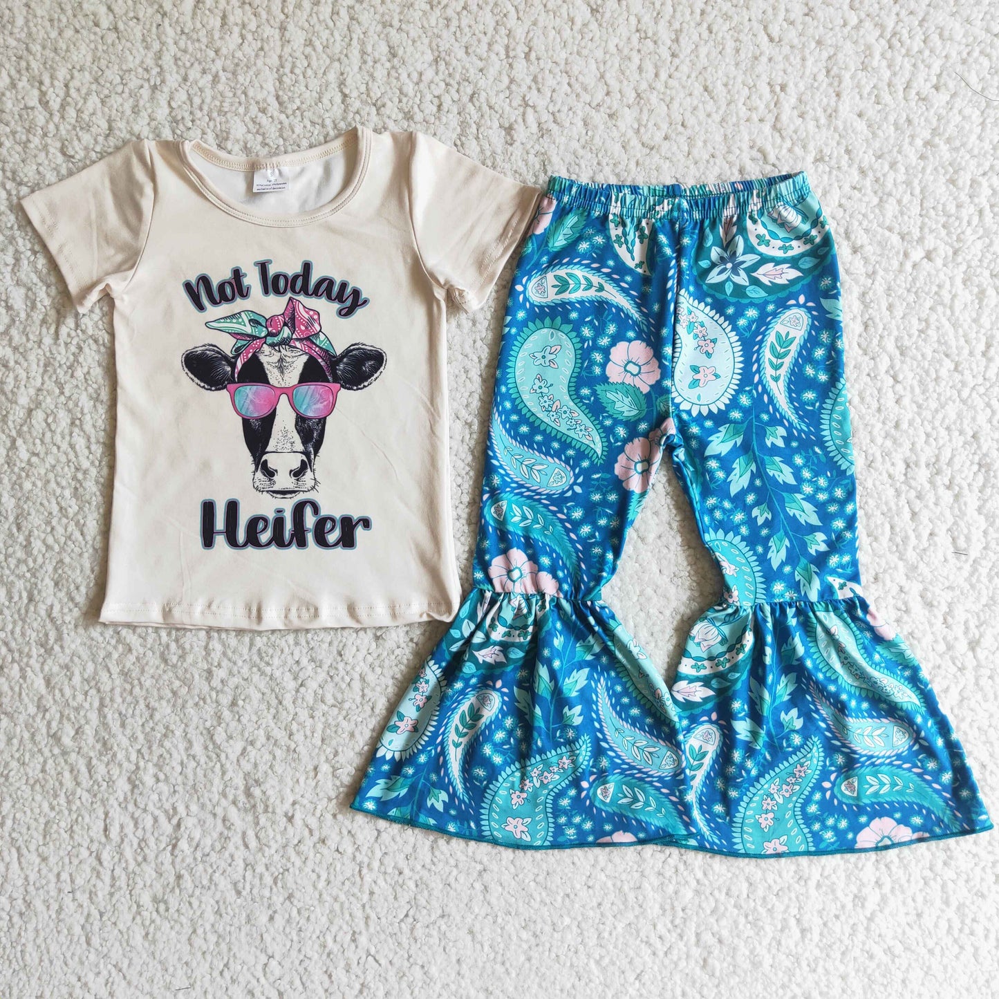 (Promotion)E4-19 Not Today Heifer Top Blue Flowers Bell Pants Girls Western Clothes Set