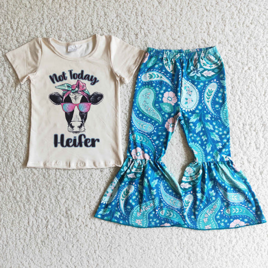 (Promotion)E4-19 Not Today Heifer Top Blue Flowers Bell Pants Girls Western Clothes Set