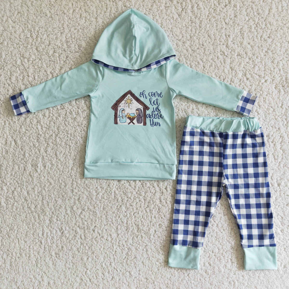 (Promotion)6 C11-18 Nativity Blue Hoodie Top Checkered Pants Boys Christmas Clothes Set