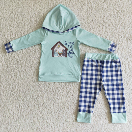 (Promotion)6 C11-18 Nativity Blue Hoodie Top Checkered Pants Boys Christmas Clothes Set