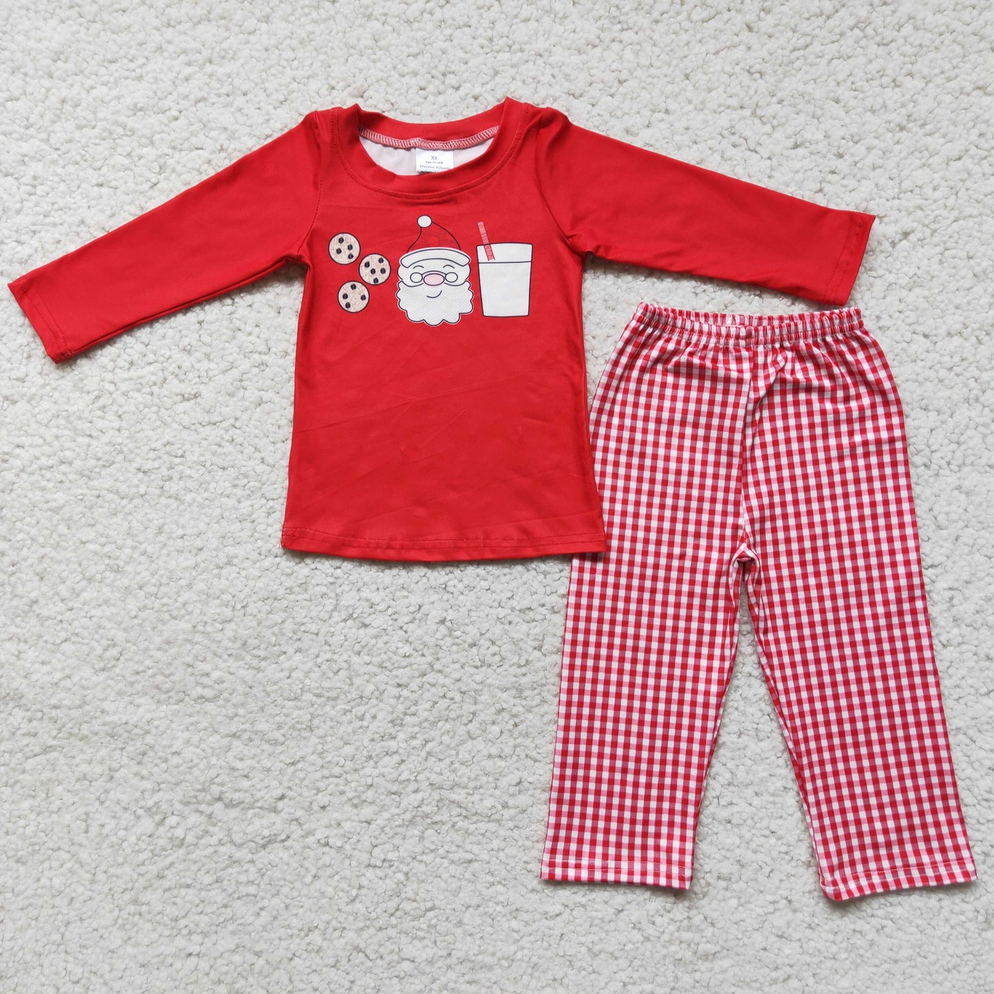 (Promotion)6 C11-3 Cookies Santa Milk Red Top Checkered Pants Boys Christmas Clothes Set