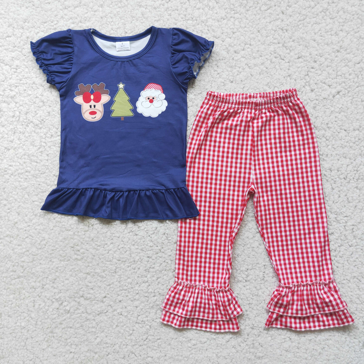 (Promotion) D1-2 Deer Santa Tree Navy Top Checkered Pants Girls Christmas Clothes Set