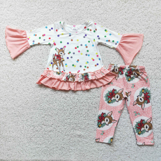 (Promotion) 6 A1-19 Deer Dots Ruffle Top Capri Pants Girls Christmas Clothes Set