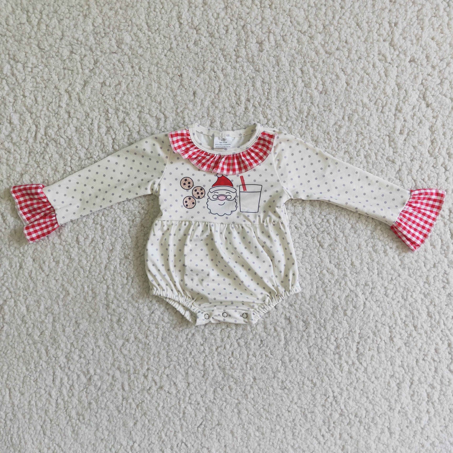(Promotion)6 A18-12 Santa Milk Grey Dots Print Baby Girls Christmas Romper