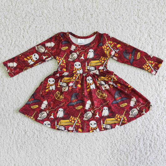 (Promotion)Cartoon Magic Print Girls Long Sleeve Knee Length Dress   6 A6-4