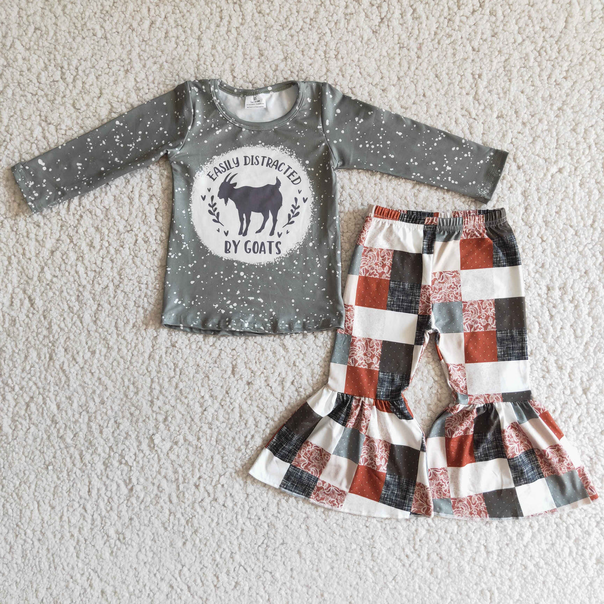 (Promotion) 6 A28-4 Goats Long Sleeve Top Checkered Bell Pants Girls Clothes Set